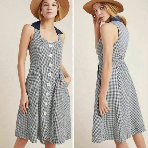 Anthropologie Dresses & Skirts - HTF Anthropologie Navy Blue Linen Cotton Gingham Camellia Collared Dress Size 10